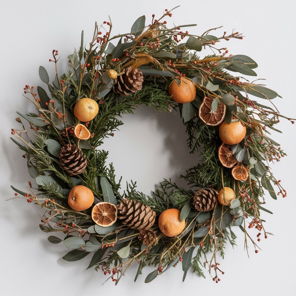 Rustic wreaths with foraged greenery and dried oranges