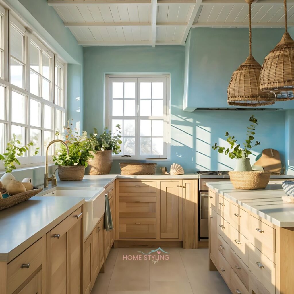 A serene coastal kitchen featuring light blue accents, soft white cabinetry, natural wood elements, woven baskets, fresh greenery, seashell decor, bright sunlight streaming through large windows, and a nautical theme with minimalist design.