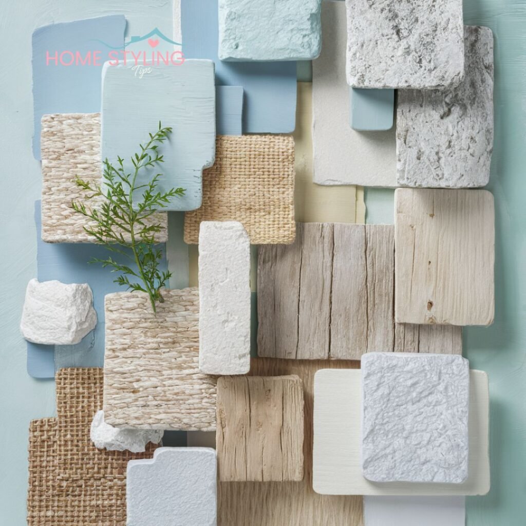 Coastal color palette featuring light blue, beige, white, and wood textures.