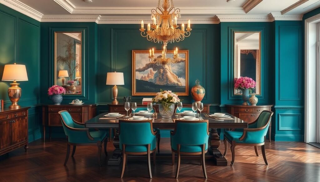 elegant dining room with bold colors