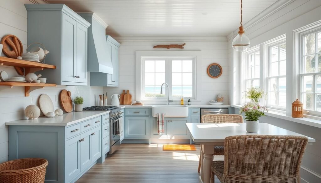 coastal kitchen with light blue cabinets